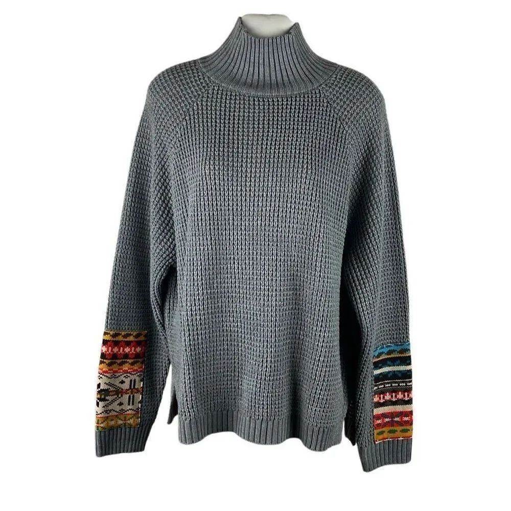 NEW Emery Rose Patch Sleeve Mock Neck Sweater Gray M